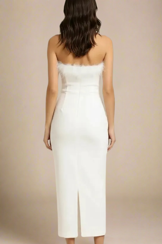 Pearl White Strapless Sweetheart Feather Trim Bodycon Midi Gown