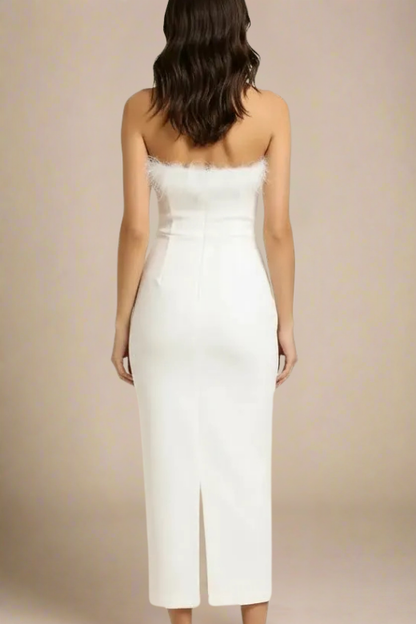 Pearl White Strapless Sweetheart Feather Trim Bodycon Midi Gown