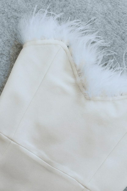 Pearl White Strapless Sweetheart Feather Trim Bodycon Midi Gown