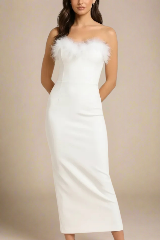 Pearl White Strapless Sweetheart Feather Trim Bodycon Midi Gown