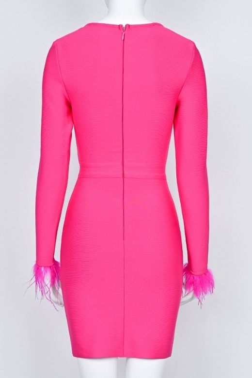 Hot Pink Off Shoulder Feather Trim Long Sleeve Bustier Corset Mini Dress