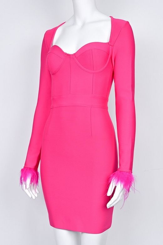 Hot Pink Off Shoulder Feather Trim Long Sleeve Bustier Corset Mini Dress