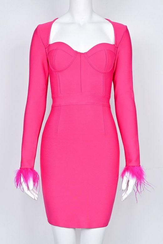 Hot Pink Off Shoulder Feather Trim Long Sleeve Bustier Corset Mini Dress