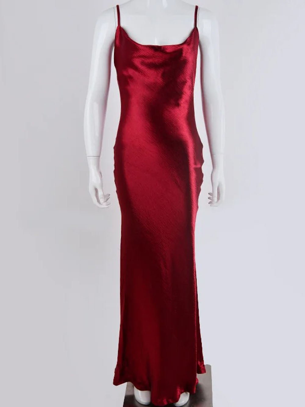 Satin Cowl Neck Spaghetti Strap Halter Backless Column Maxi Gown