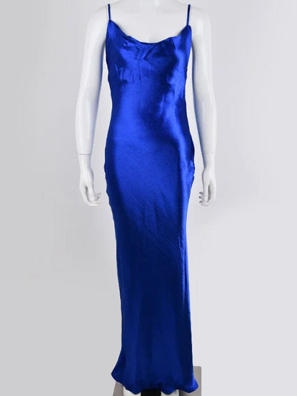 Satin Cowl Neck Spaghetti Strap Halter Backless Column Maxi Gown