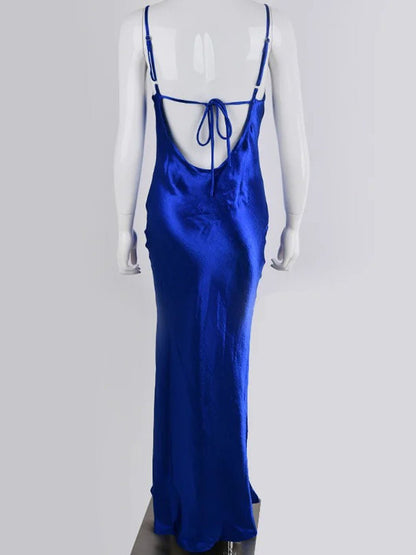 Satin Cowl Neck Spaghetti Strap Halter Backless Column Maxi Gown