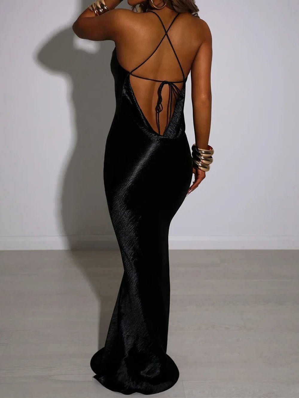 Satin Cowl Neck Spaghetti Strap Halter Backless Column Maxi Gown
