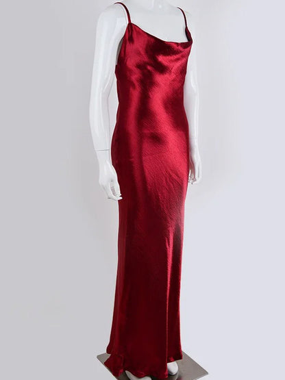 Satin Cowl Neck Spaghetti Strap Halter Backless Column Maxi Gown