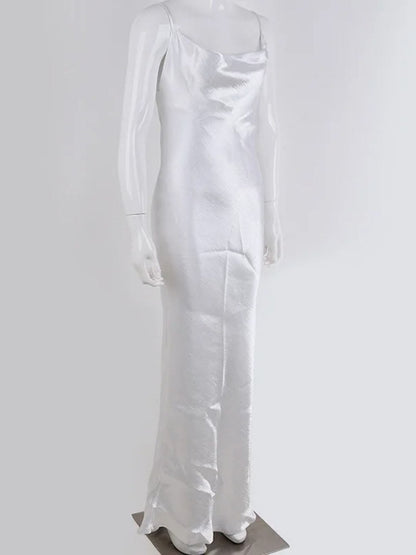 Satin Cowl Neck Spaghetti Strap Halter Backless Column Maxi Gown