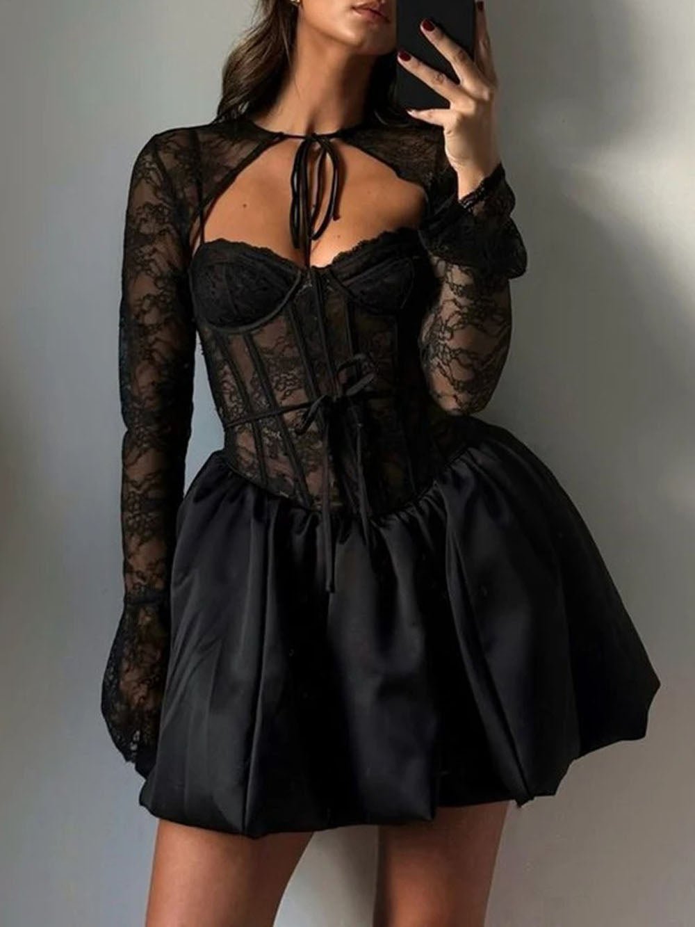 Black Lace Corset Tie Neck Bolero Bubble Hem Three Piece Set