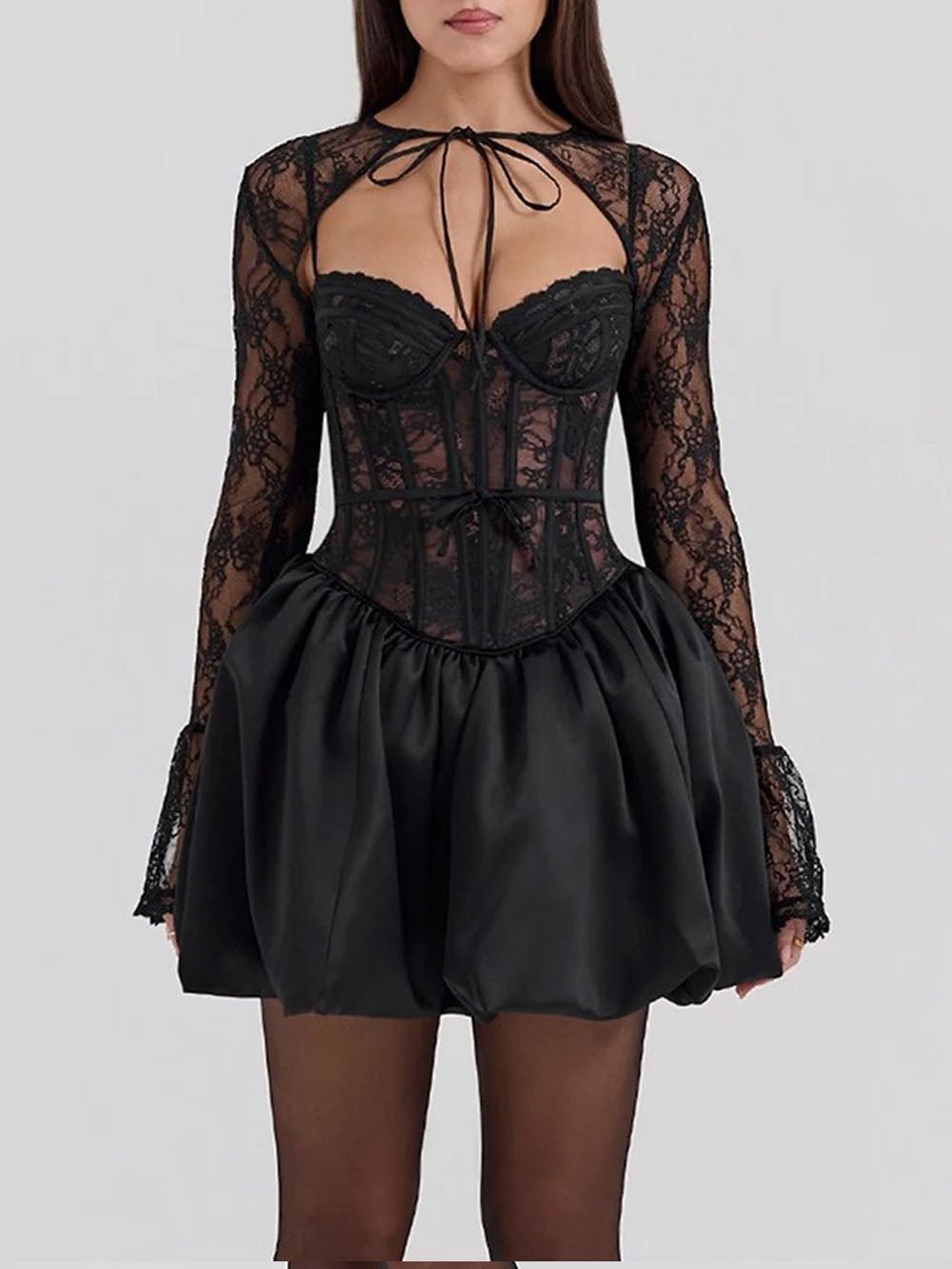 Black Lace Corset Tie Neck Bolero Bubble Hem Three Piece Set