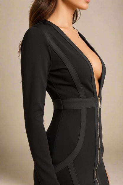 Classic Black Front Zip Deep V-Neck Long Sleeve Bandage Mini Dress