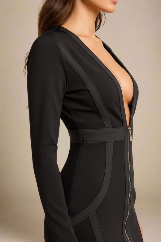 Classic Black Bandage Deep V-Neck Long Sleeve Front Zip Bodycon Mini Dress