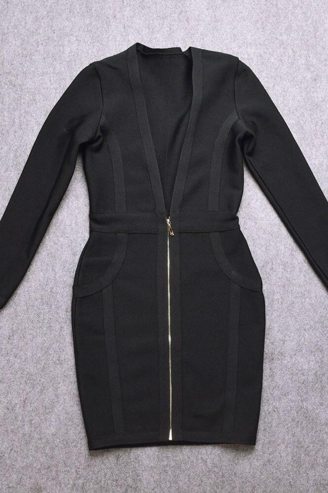 Classic Black Bandage Deep V-Neck Long Sleeve Front Zip Bodycon Mini Dress