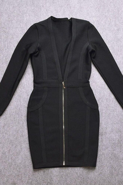 Classic Black Bandage Deep V-Neck Long Sleeve Front Zip Bodycon Mini Dress