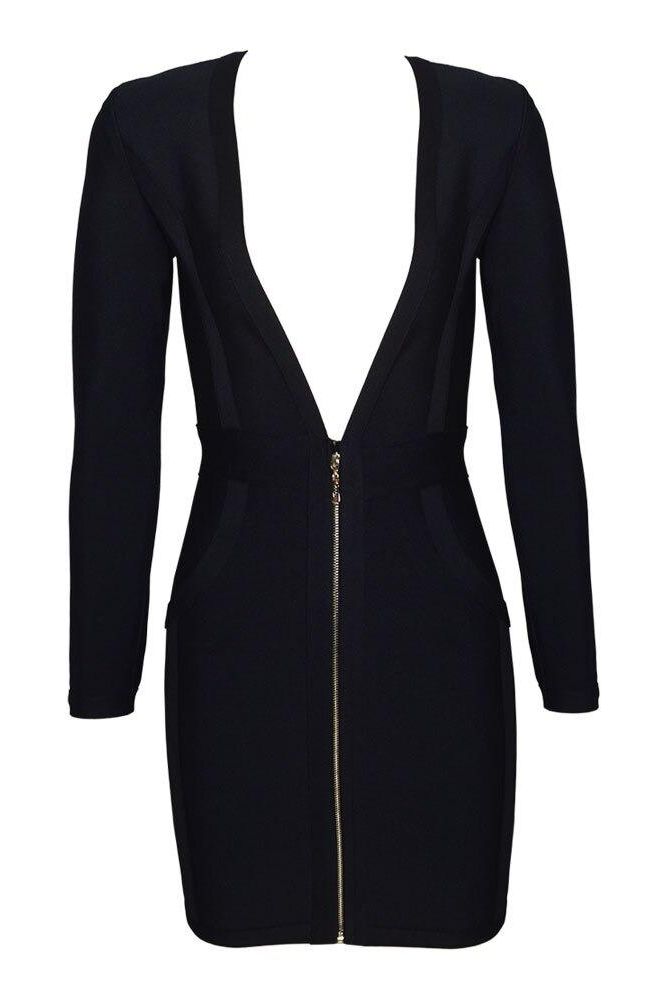Classic Black Front Zip Deep V-Neck Long Sleeve Bandage Mini Dress