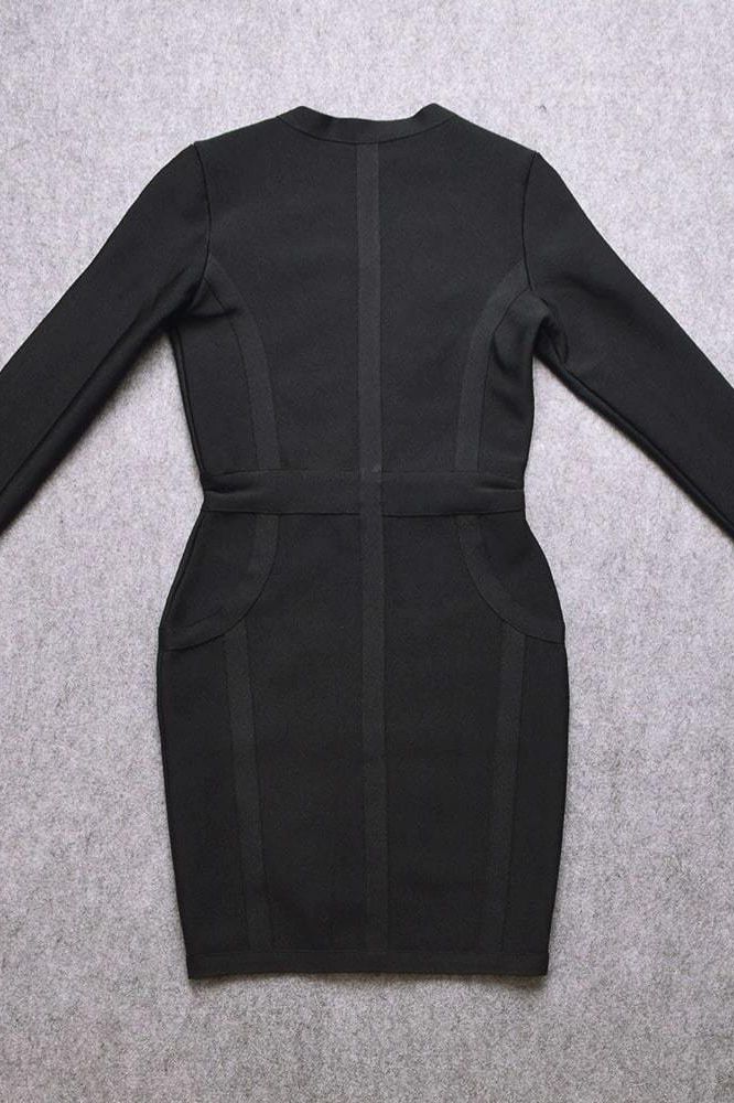 Classic Black Bandage Deep V-Neck Long Sleeve Front Zip Bodycon Mini Dress