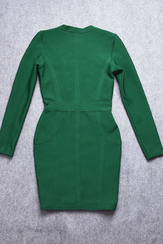 Emerald Green Bandage Deep V-Neck Long Sleeve Front Zip Bodycon Mini Dress