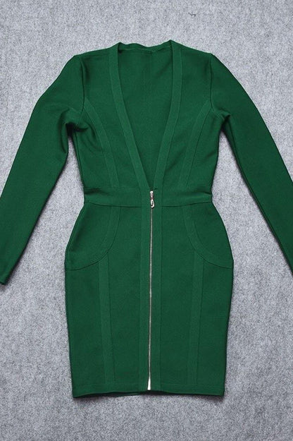 Emerald Green Bandage Deep V-Neck Long Sleeve Front Zip Bodycon Mini Dress
