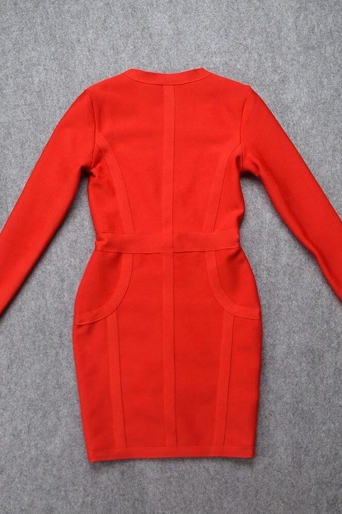 Lipstick Red Bandage Deep V-Neck Long Sleeve Front Zip Bodycon Mini Dress