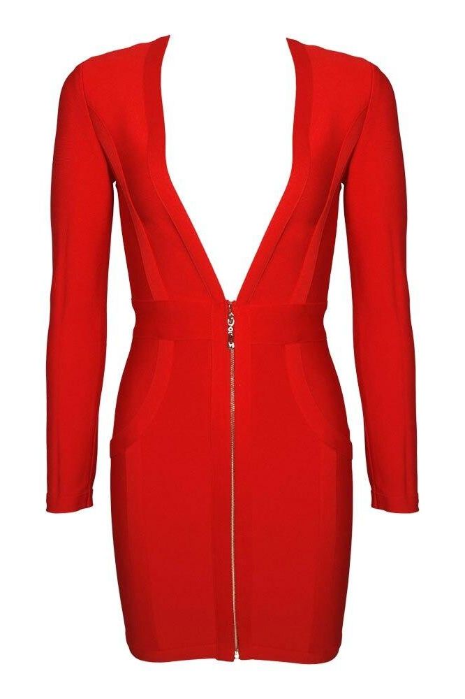 Lipstick Red Bandage Deep V-Neck Long Sleeve Front Zip Bodycon Mini Dress