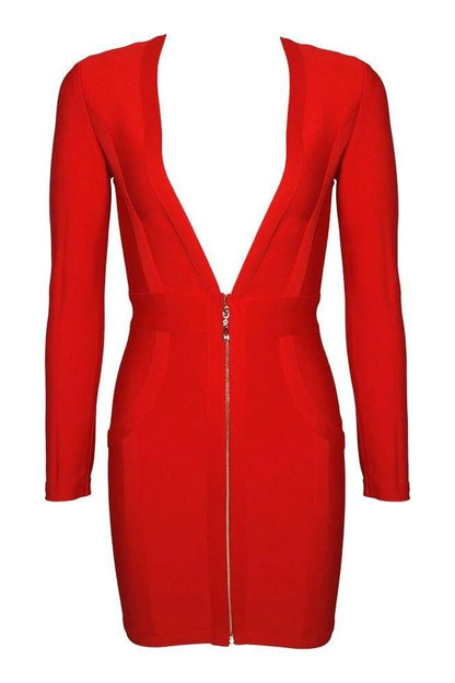 Lipstick Red Bandage Deep V-Neck Long Sleeve Front Zip Bodycon Mini Dress