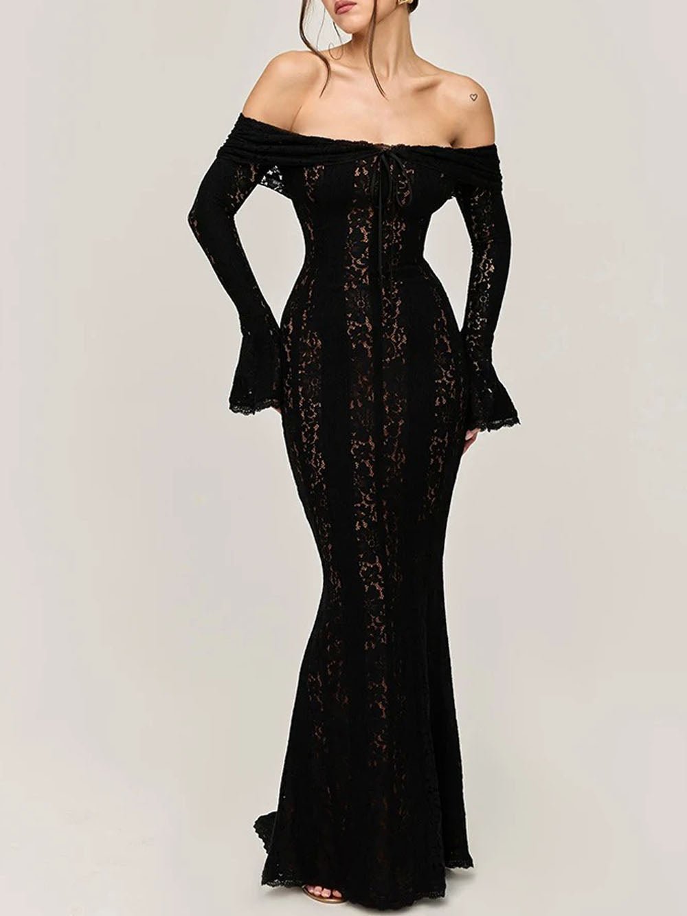 Lace Off Shoulder Bell Sleeve Tie Front Bodycon Mini Dress
