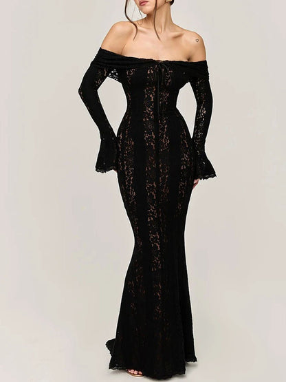 Lace Off Shoulder Bell Sleeve Tie Front Bodycon Mini Dress