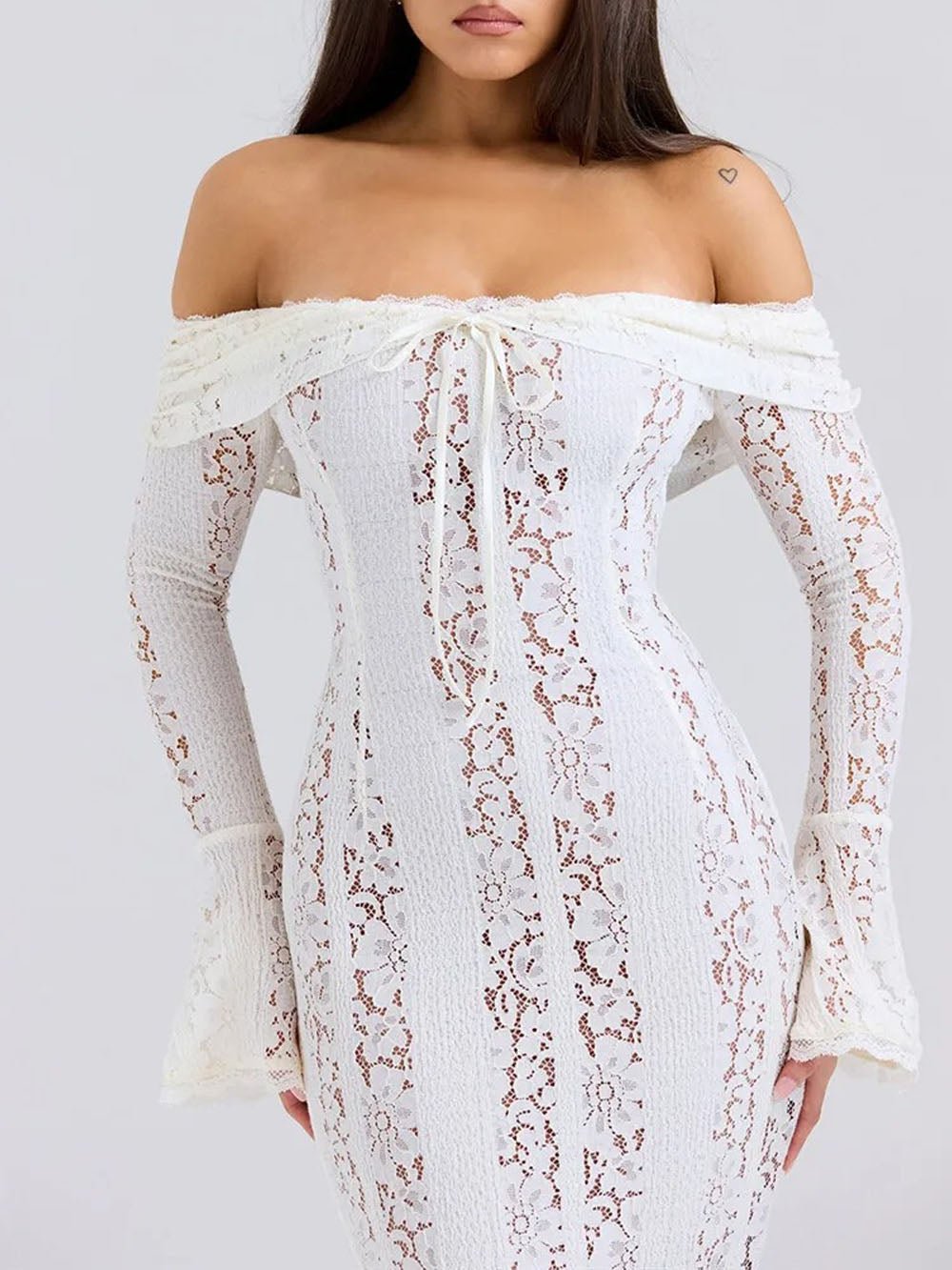 Lace Off Shoulder Bell Sleeve Tie Front Bodycon Mini Dress