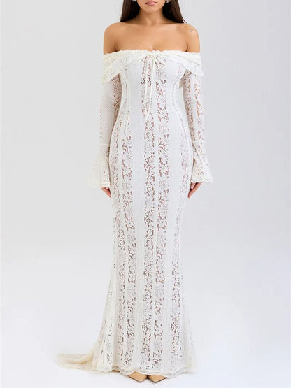 Lace Off Shoulder Bell Sleeve Tie Front Bodycon Mini Dress