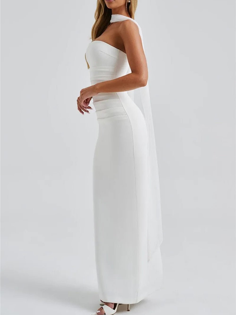 Strapless Choker Collar Sheer Scarf Drape Ruched Column Maxi Gown