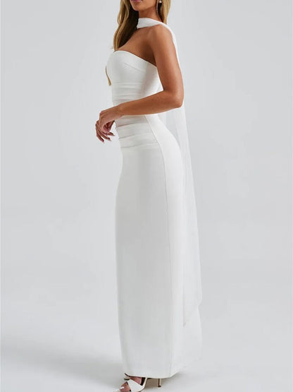 Strapless Choker Collar Sheer Scarf Drape Ruched Column Maxi Gown