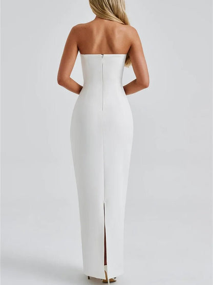 Strapless Choker Collar Sheer Scarf Drape Ruched Column Maxi Gown