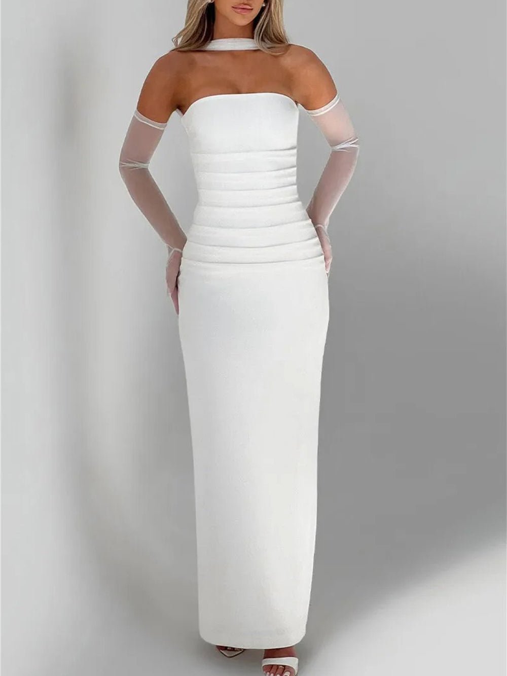 Strapless Choker Collar Sheer Scarf Drape Ruched Column Maxi Gown