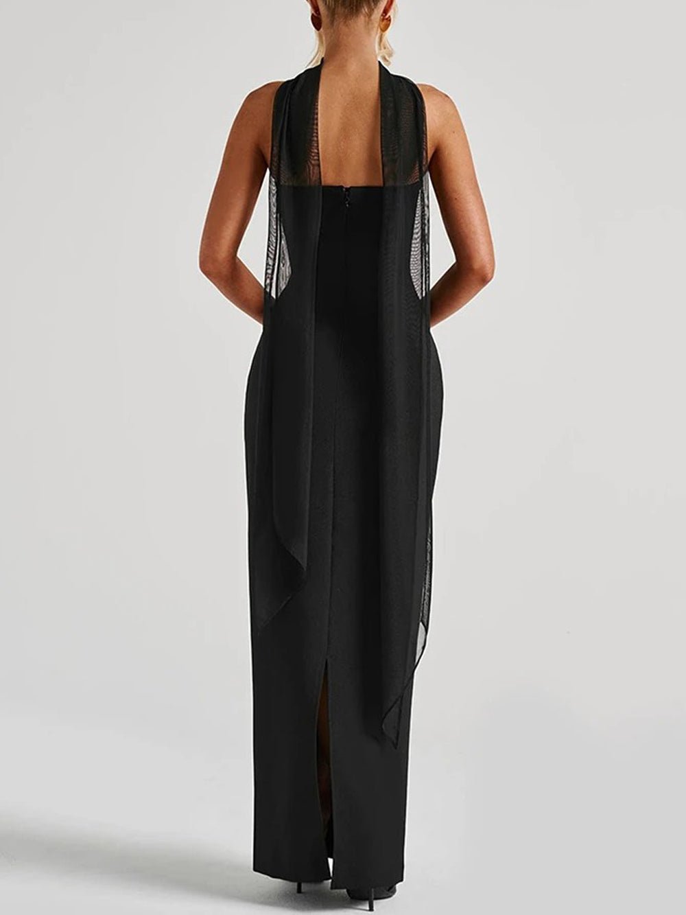 Strapless Choker Collar Sheer Scarf Drape Ruched Column Maxi Gown