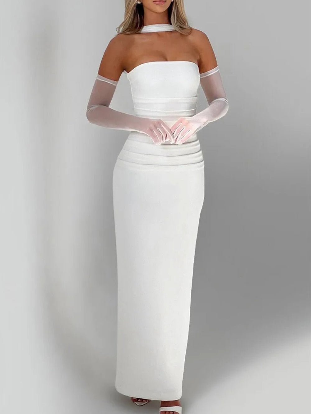 Strapless Choker Collar Sheer Scarf Drape Ruched Column Maxi Gown