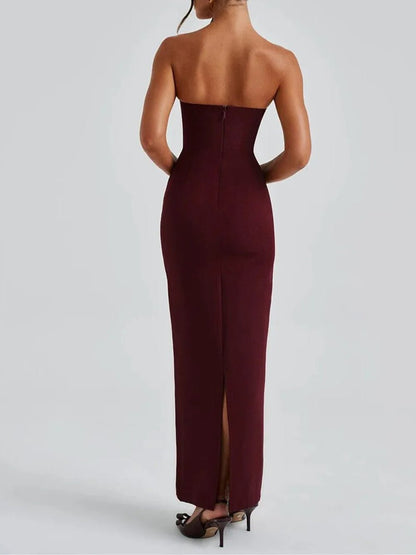 Strapless Choker Collar Sheer Scarf Drape Ruched Column Maxi Gown