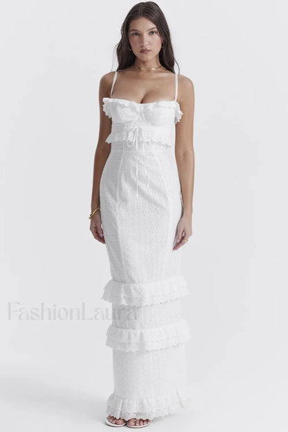 Eve White Stylish Broderie Maxi Dress