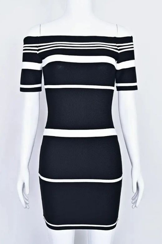 Classic Black Off Shoulder Stripe Knit Bodycon Mini Dress