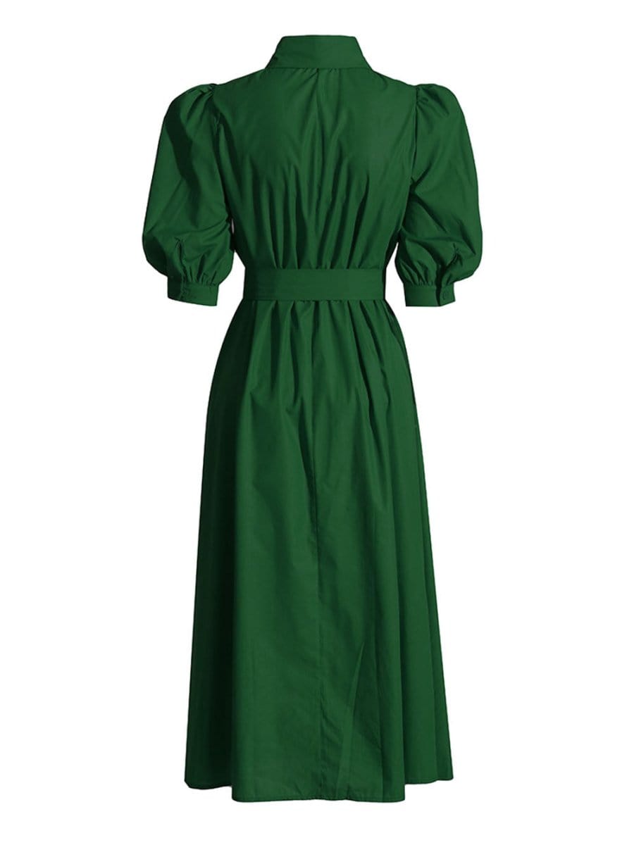 Puff Sleeve Lace Insert Button Front Tie Waist Midi Shirt Dress