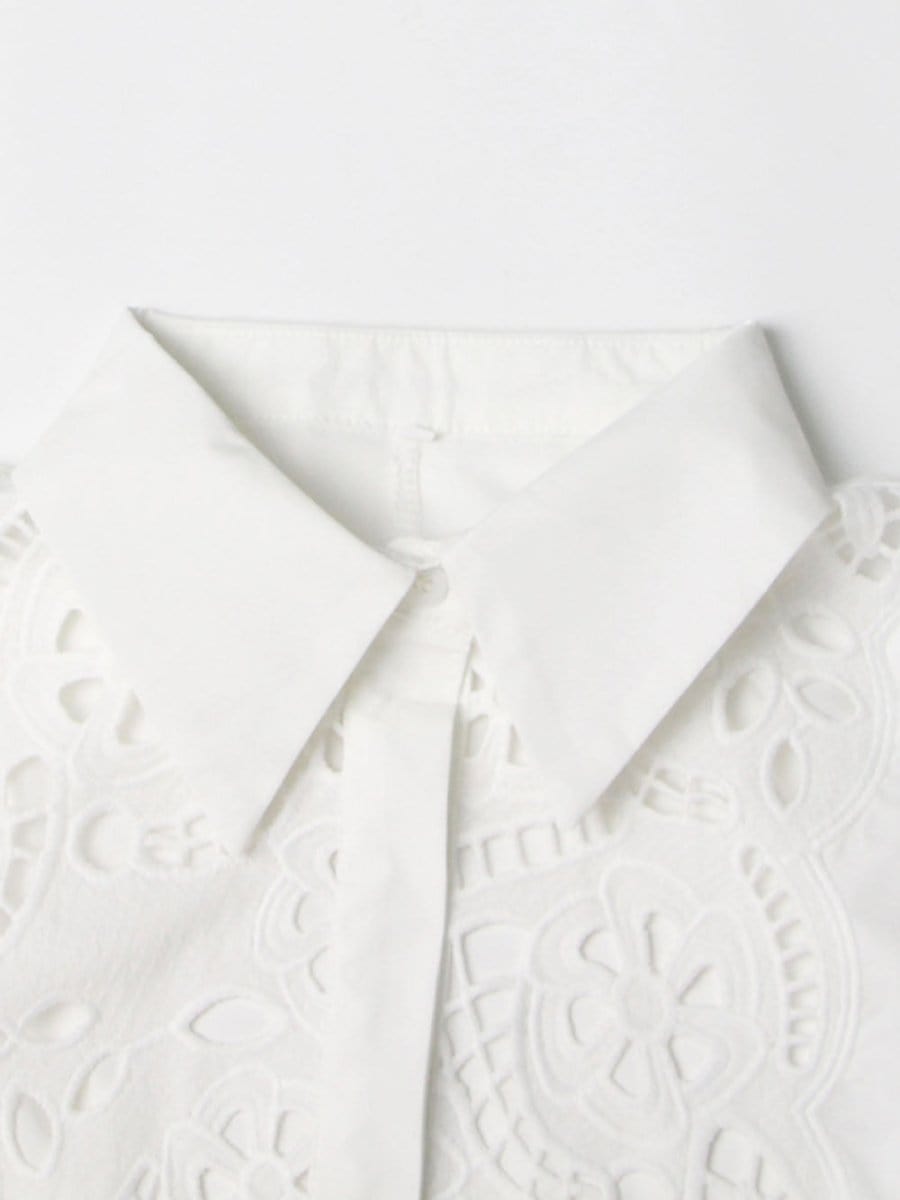 Puff Sleeve Lace Insert Button Front Tie Waist Midi Shirt Dress