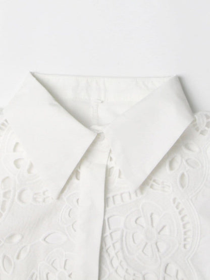 Puff Sleeve Lace Insert Button Front Tie Waist Midi Shirt Dress
