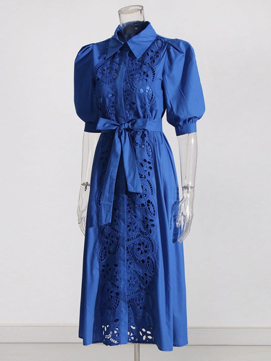 Puff Sleeve Lace Insert Button Front Tie Waist Midi Shirt Dress