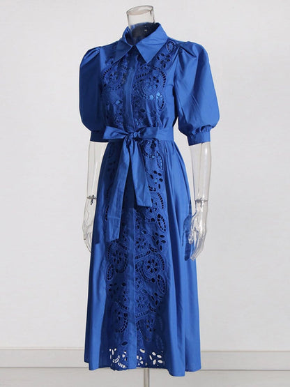 Puff Sleeve Lace Insert Button Front Tie Waist Midi Shirt Dress