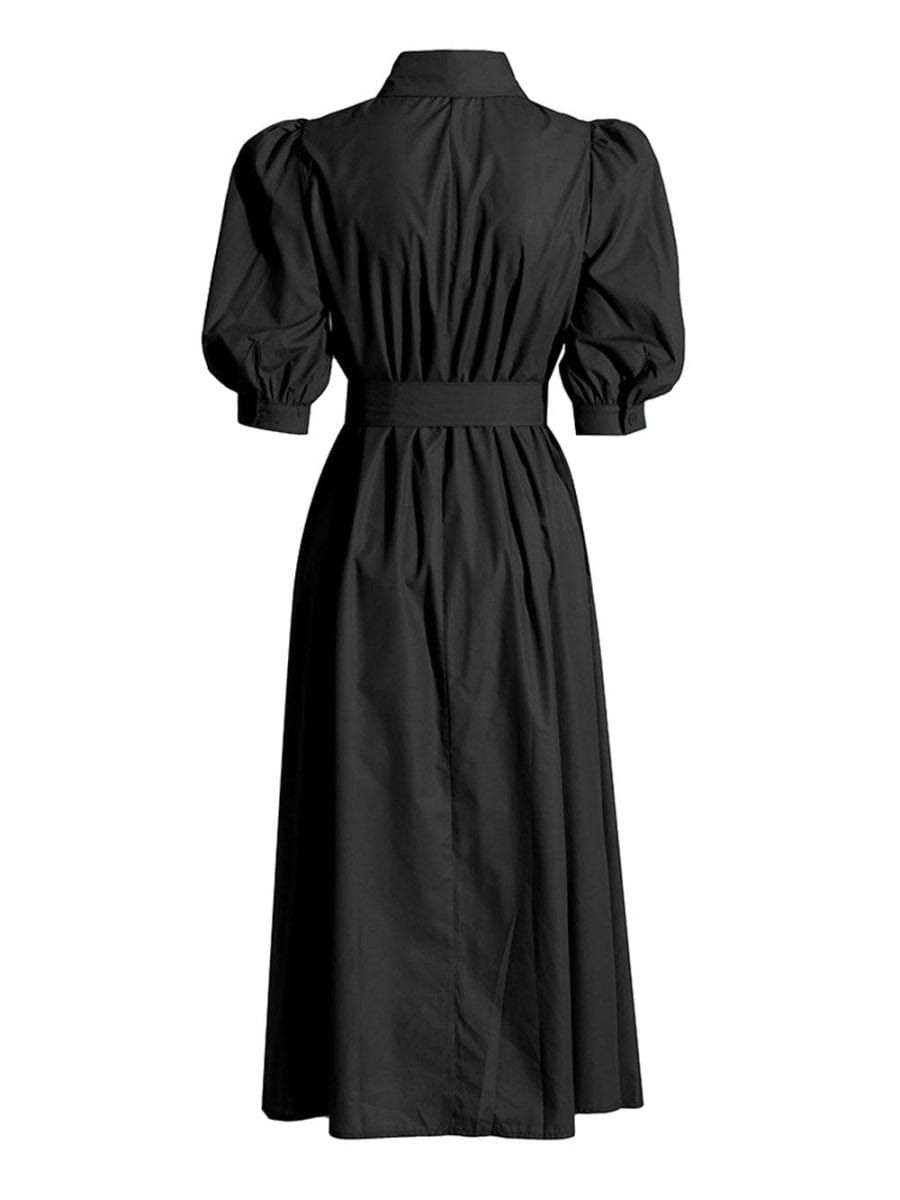 Puff Sleeve Lace Insert Button Front Tie Waist Midi Shirt Dress