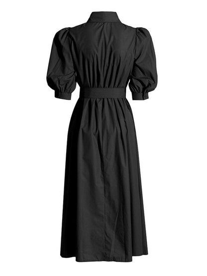 Puff Sleeve Lace Insert Button Front Tie Waist Midi Shirt Dress