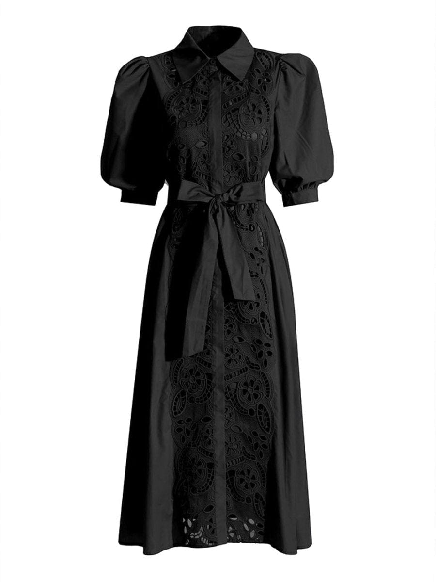 Puff Sleeve Lace Insert Button Front Tie Waist Midi Shirt Dress