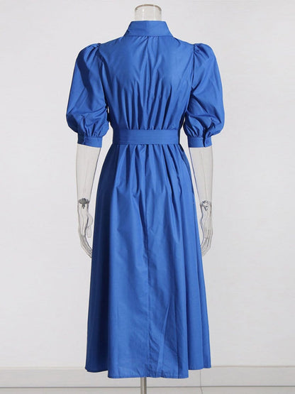 Puff Sleeve Lace Insert Button Front Tie Waist Midi Shirt Dress
