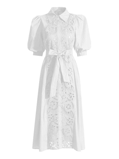 Puff Sleeve Lace Insert Button Front Tie Waist Midi Shirt Dress