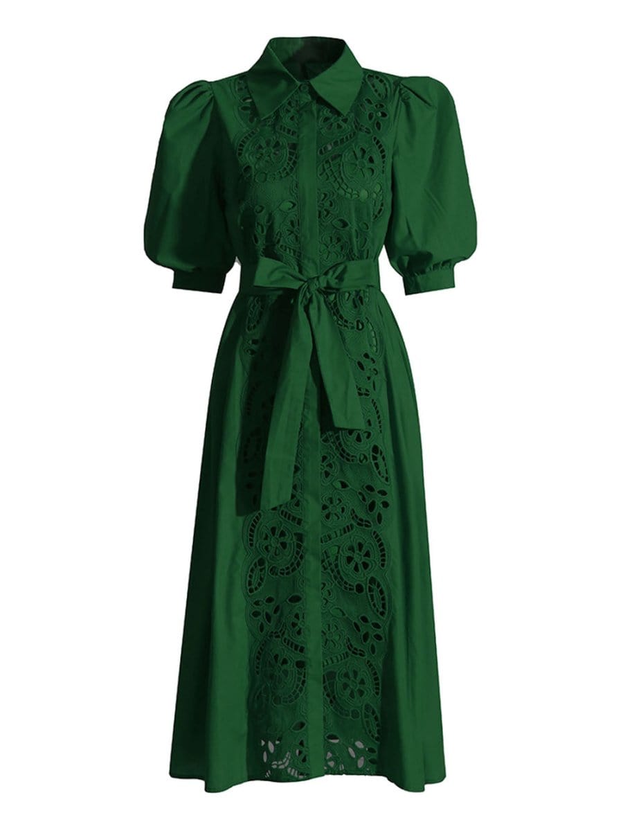 Puff Sleeve Lace Insert Button Front Tie Waist Midi Shirt Dress